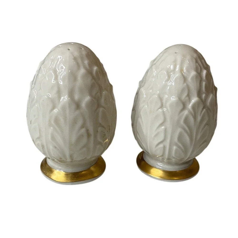 Vtg Lenox Woodleaf Salt & Pepper Shakers Footed 24K Gold Fine China Porcelain